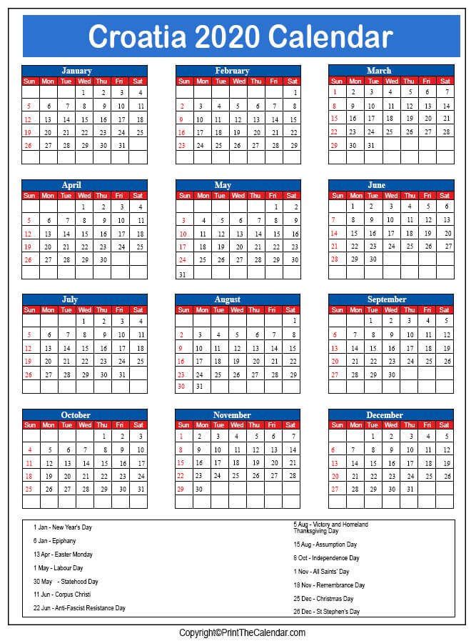 Croatia Printable Calendar 2020